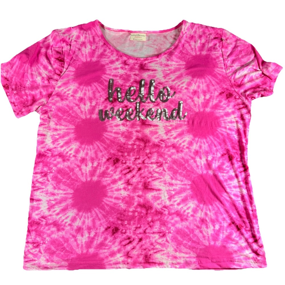 Bobbie Brooks Sleepwear Hot Pink Tie-Dye T-shirt Sequin Hello Weekend Women 3X